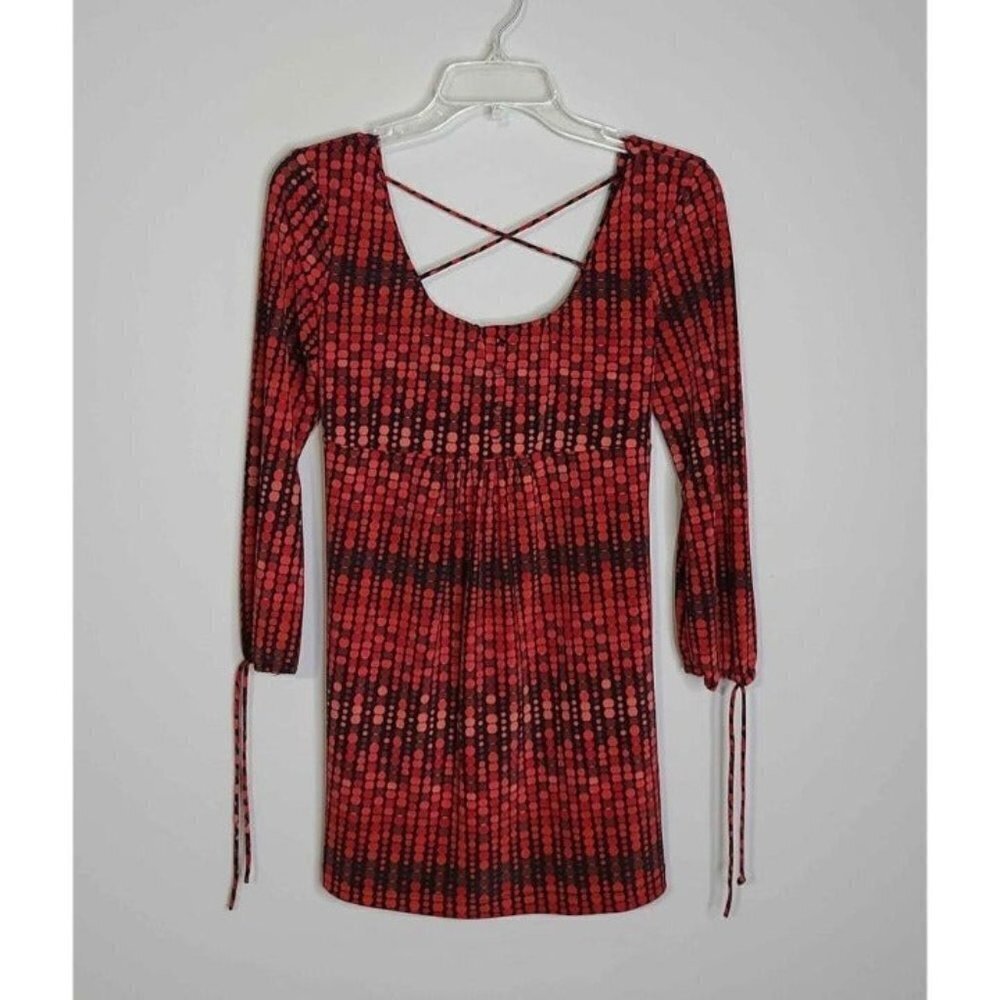 No Boundaries Womens L (11/13) Red Black Dotted Criss Cross Long Sleeve Top Y2K